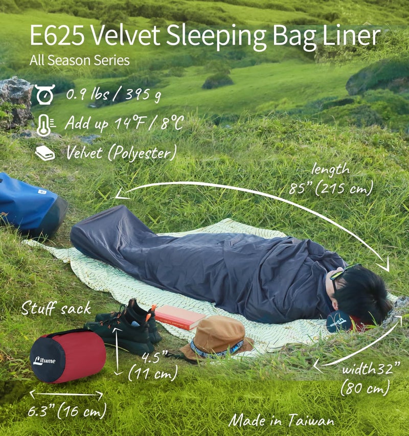 Litume Velvet Sleeping Bag Liner Add Up to 14Â°F Mummy Sleep Sack Backpacking, Camping, Traveling, Hotel, Hostal, Lightweight Compact Drawstring Hood E625 - Image 2